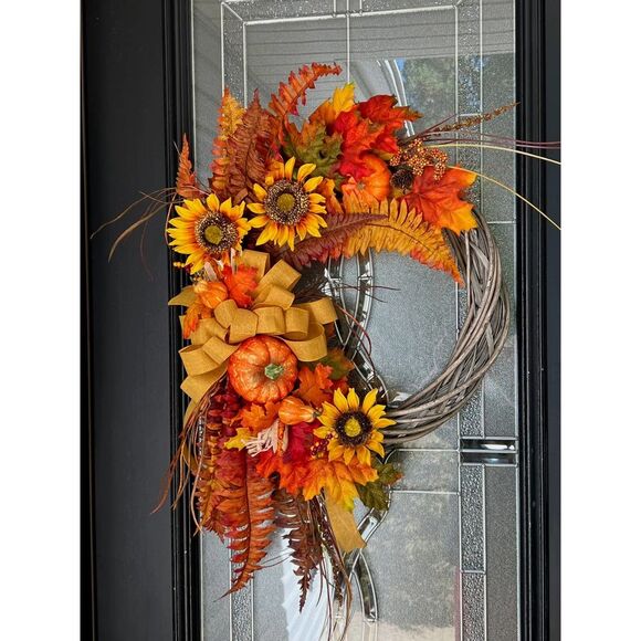 Harvest Fall Wreath with Sunflower's, Leaves and Pumpkins - Picture 1 of 6